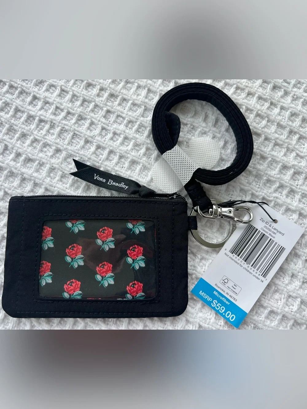 Vera Bradley Zip ID Case + Lanyard in Pattern CLASSIC BLACK Microfiber *NEW*
